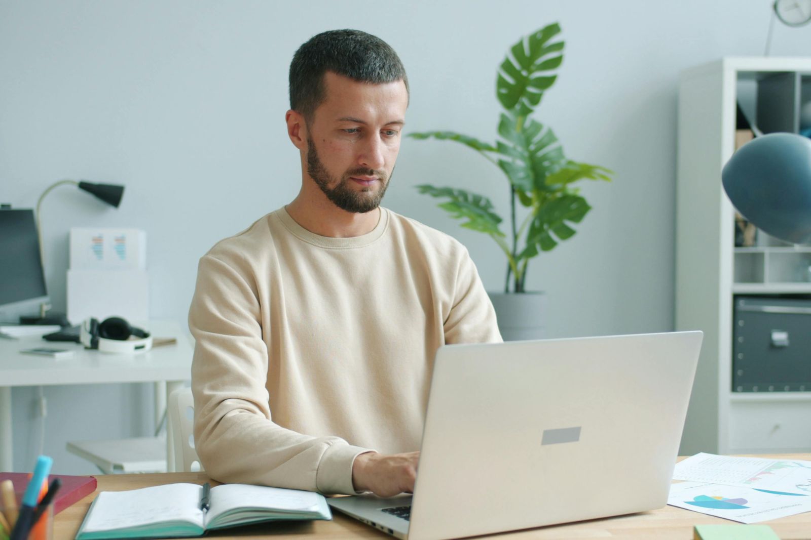 Man on a routine healthcare call with calm focused mood